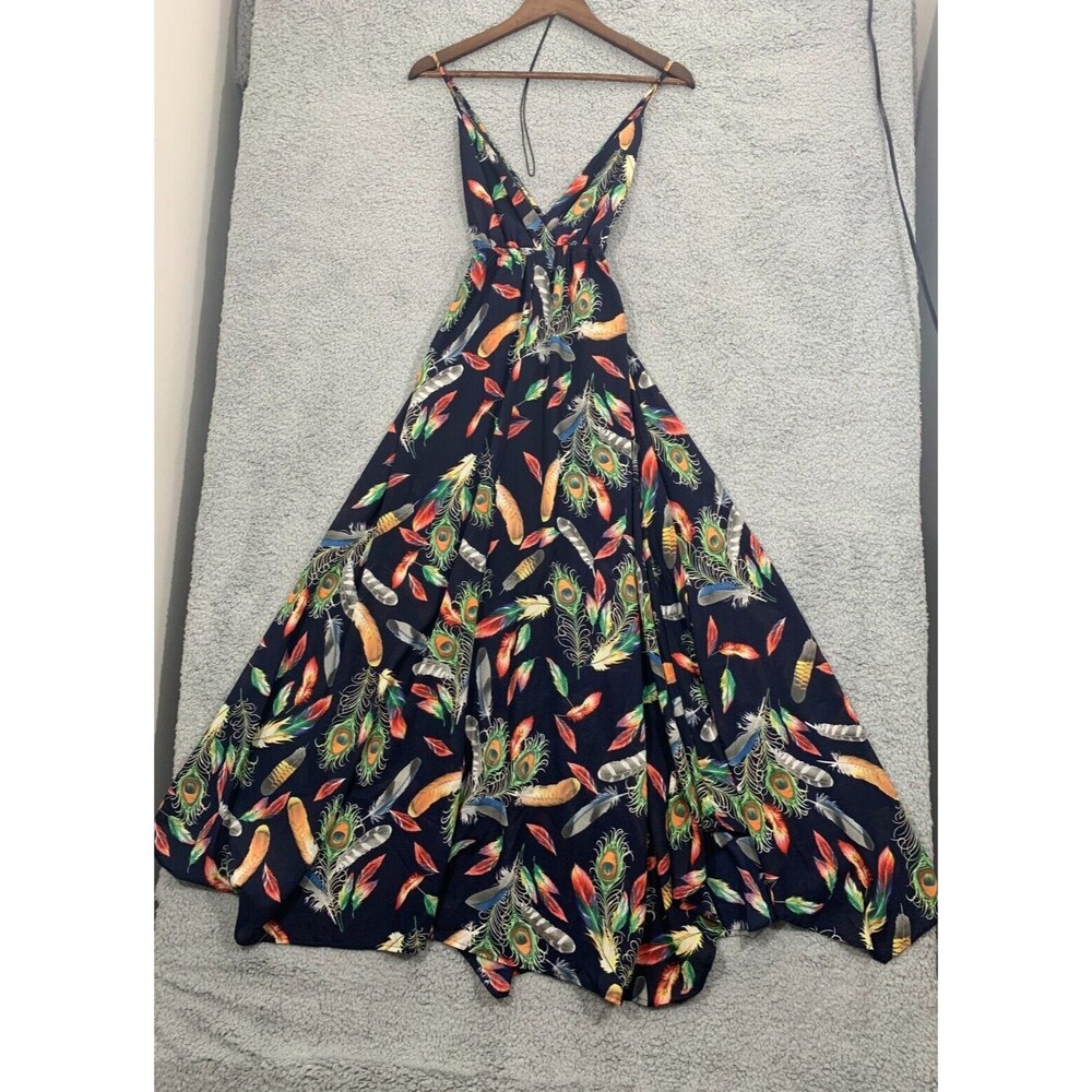 I Joah (S) Blue Colorful Feather Print Lined Adjustable Spaghetti Strap Dress